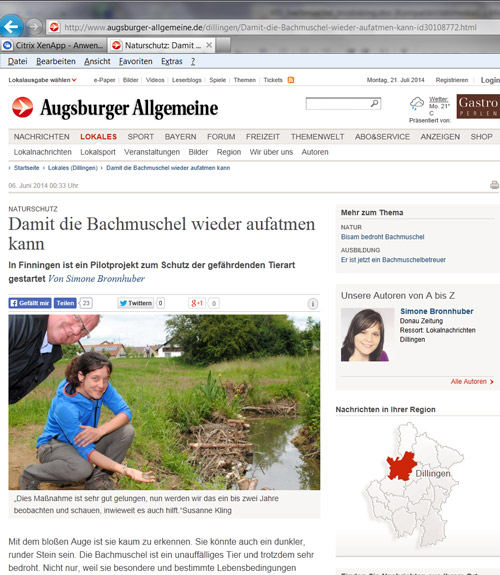 Bildschirmdruck der Online-Ausgabe der Redaktion augsburger-allgemeine.de mit dem Artikel mit Foto über das Bachmuschel-Projekt.