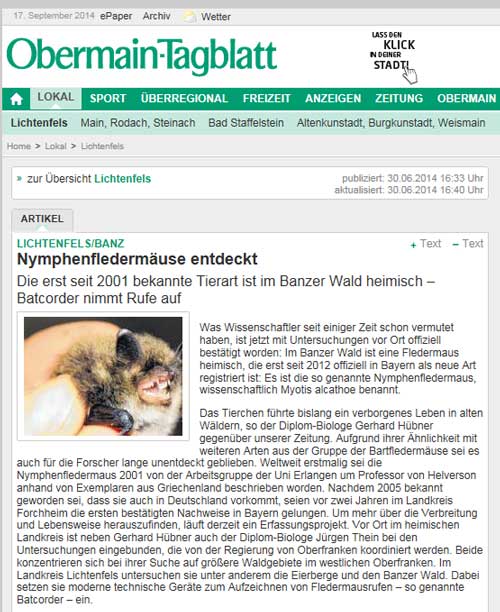 Bildschirmdruck der Online-Ausgabe der Redaktion Obermain-Tagblatt mit dem Artikel mit Foto über das Nymphenfledermaus-Projekt.