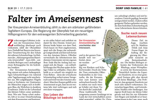 Ausschnitt des Artikels im BLW 29 vom 17.07.2015 mit Foto des Kreuzenzianameisenbläulings.