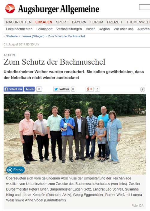 Bildschirmdruck der Online-Ausgabe der Redaktion augsburger-allgemeine.de mit dem Artikel mit Foto über das Bachmuschel-Projekt.