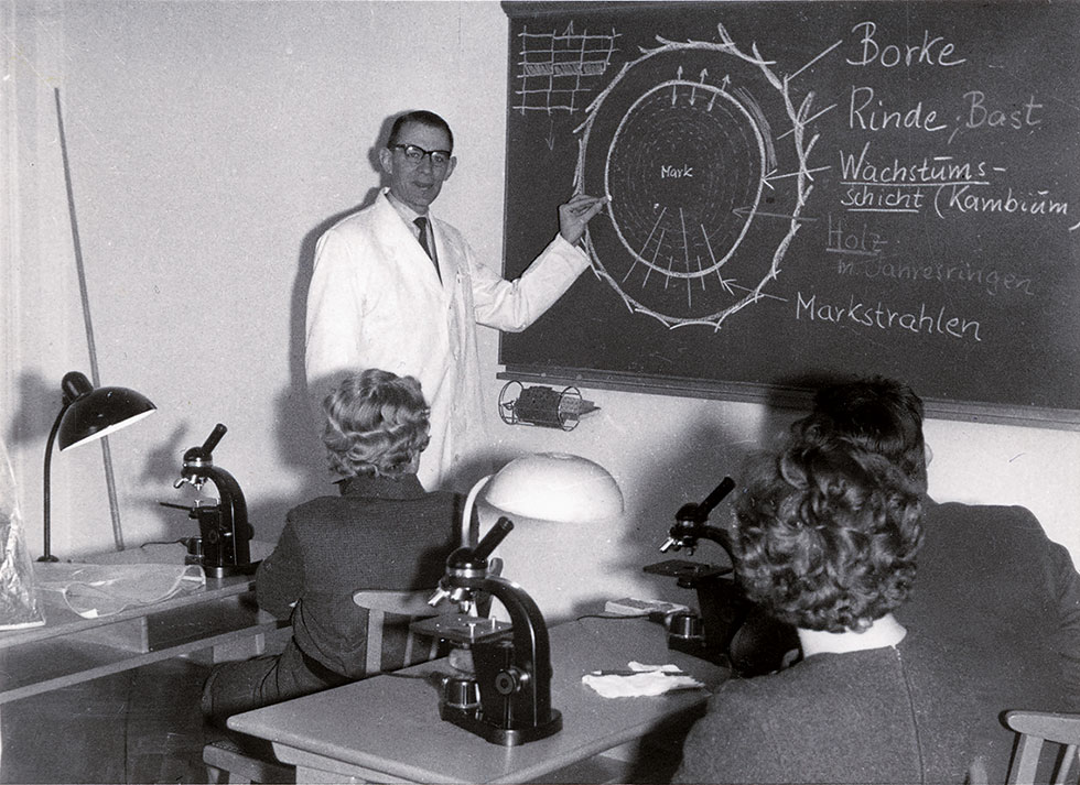 Historisches Foto aus den Sechziger Jahren während eines Mikroskopierkurses.