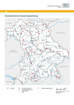 Karte von Bayern, auf der die Beobachtungsorte als Punkte eingezeichnet sind (Grafik: LfU).