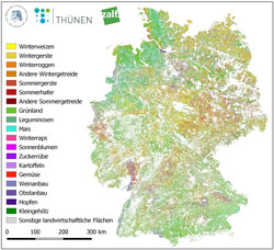 Deutschland als Karte abgebildet und eingefärbt nach den angebauten Pflanzen (© Thünen-Institut).