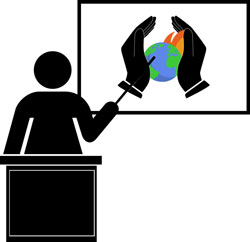 Illustration eines Redners hinter einem Sprechpult mit Bildschirmpräsentation zu Klimaschutz