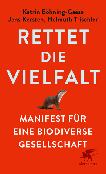 Rotes Buchcover mit Titel als Text und einem Foto eines Fischotters zwischen den Zeilen.