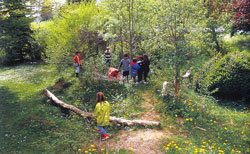 Kinder auf gehölzreichem Naturspielplatz