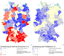 Zwei Deutschlandkarten nebeneinander; auf der einen ist der Rückgang der Freifläche und auf der anderen die Zunahme der Einwohnerzahl dargestellt.