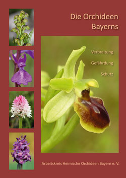 Titelbild des Buches, in der Mitte das Foto einer Ragwurz und seitlich vier kleinere Fotos von Orchideen.