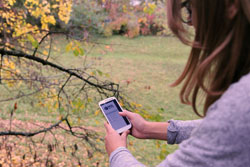 Vor einem Garten hält eine Frau ein Smartphone in der Hand auf der man die Startseite von Map of Life sehen kann.