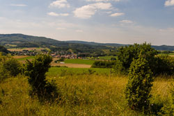 Blick von einem durch einige Büsche strukturierten Kalk-Magerrasen im Vordergrund in eine leicht hügelige Kulturlandschaft mit einer ein Dorf umgebenden Kulturlandschaft und Wald im Hintergrund.