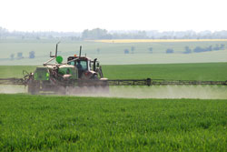 In einer flach welligen Agrarlandschaft sieht man von hinten einen Traktor mit Spritzanhänger, der über die Ausleger ein noch niedrigwüchsiges Getreidefeld einnebelt.