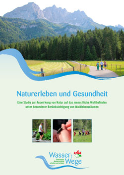 Titelbild der Broschüre mit kleinen Bildern und einer Berglandschaft, vor der drei Personen laufen.
