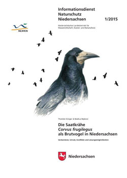 Titelbild der Informationsbroschüre „Die Saatkrähe Corvus frugilegus als Brutvogel in Niedersachsen“ mit Zeichnung einer Saatkrähe im Profil.