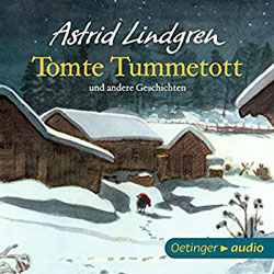 Gemaltes Titelbild des Buches Tomte Tummetott, auf dem ein nächtlich verschneiter Hof und ein kleiner Kobold zu sehen ist.