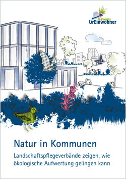 Titelbild der Broschüre mit einem farbig skizzierten Bürogebäude mit bepflanztem Vordergrund, im Hintergrund Häuser mit Grünanlage.