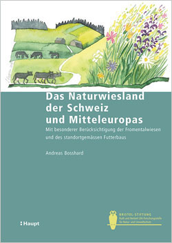 Titelbild des Buches mit bunter Zeichnung einer Landschaft mit Wiesen, Kühen, Wegen und Wäldern.