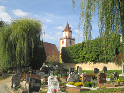 Ein Friedhof mit mehreren Grabsteinen im Vordergrund und einem Kirchturm im Hintergrund. Links hinter den Grabsteinen ist eine Trauerweide und rechts eine Mauer mit einer Hecke zu sehen.