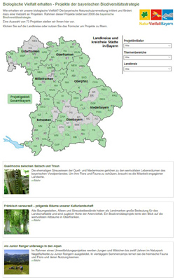 Bildschirmdruck der Übersichtsseite der biologischen Vielfalt mit großer Karte und Auswahlmöglichkeit rechts.