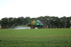 Ein Unimog bringt Pestizide auf einem Feld aus.