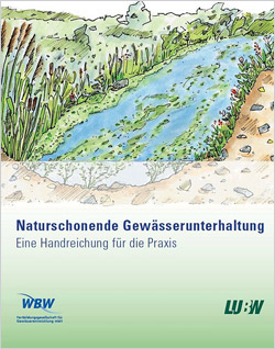 Schemazeichnung eines naturnahen Gewässers mit Unterwasservegetation und bewachsenen Böschungen.