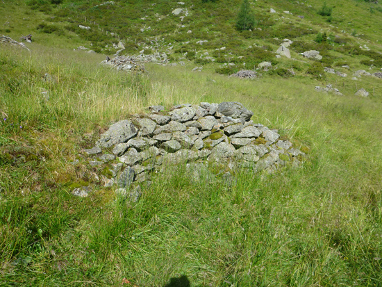 Auf einer geneigten Weide steht ein Steinhaufen aus terrassenartig aufgeschichteten Steinen.