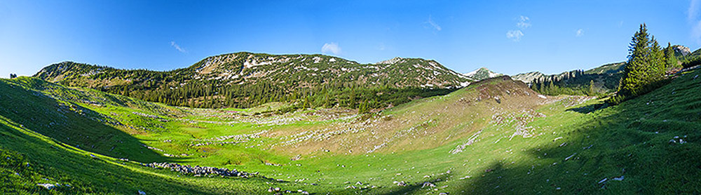 Alpenlandschaft mit Almwiesen vor latschenbewachsenen Hängen.