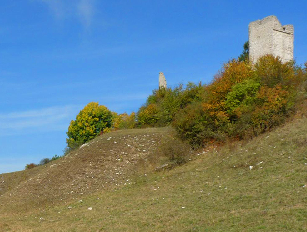 Spärlich bewachsener Hang mit Burgruine zwischen Gebüsch vor strahlend blauem Himmel.