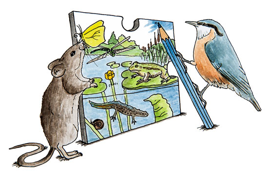 Eine Maus und ein Kleiber an einem Bleistift halten ein senkrechtes Puzzleteil (Bild: Sandra ten Bulte).