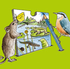 Ausschnitt aus dem Entdeckerbuch: Eine Maus und ein Kleiber an einem Bleistift halten ein senkrechtes Puzzleteil (Bild: Sandra ten Bulte).