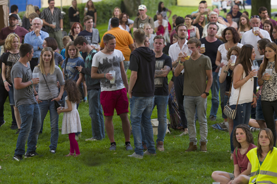 Viele Besucher warten bereits im Park auf den Beginn des Konzerts.