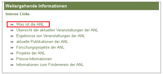 Unter Aktuelle Themen ist ein Kasten mit grünem Balken, in dem Sie noch mehr Informationen über die ANL erhalten.