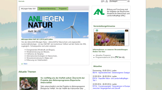 Auf der Start-Seite stehen aktuelle Informationen und Neuigkeiten über die Bayerische Akademie für Naturschutz und Landschaftspflege.