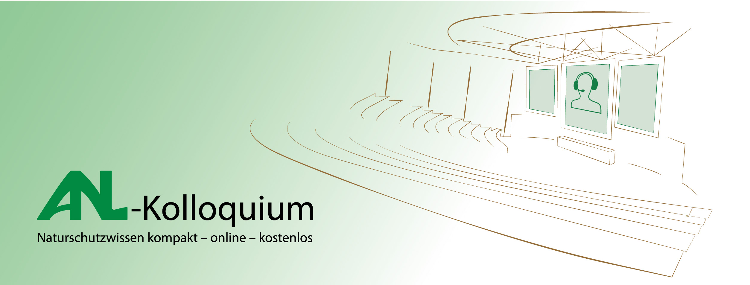 ANL-Kolloquium - Naturschutzwissen kompakt - online - kostenlos. Zeichnung eines Hörsaals mit stilisiertem, Kopfhörertragendem Kopf auf einem großen Bildschirm in der Mitte.