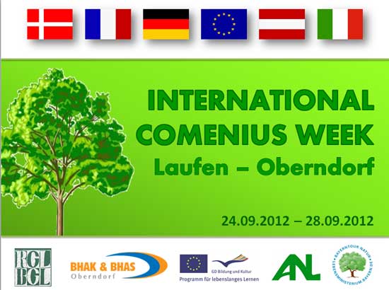 Logo Comeniuswoche mit Flaggen, Baum, Schriftzug und Logos der Beteiligten