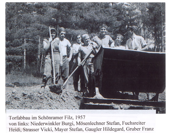 Torfarbeiterinnen mit Torflore um 1950.