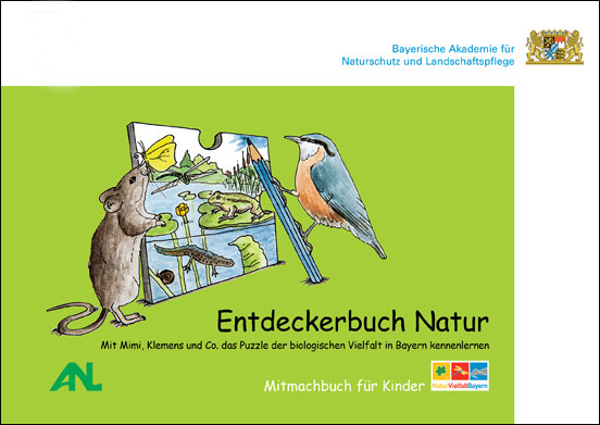 Titelbild zum Entdeckerbuch Natur, eine Maus und ein Vogel malen ein Bild von Teichbewohnern.