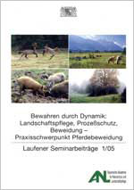 Titelblatt Laufener Spezialbeiträge 1/2005 (Vier Fotos über Tiere und Natur: Springende Fohlen, weidende Pferde und Kühe, Schweine, Wiese und Bäume)