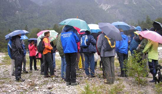 Teilnehmer mit Regenschirmen auf einer Kiesbank der Isar im Naturschutzgebiet Riedboden, im Vordergrund Pioniervegetation.