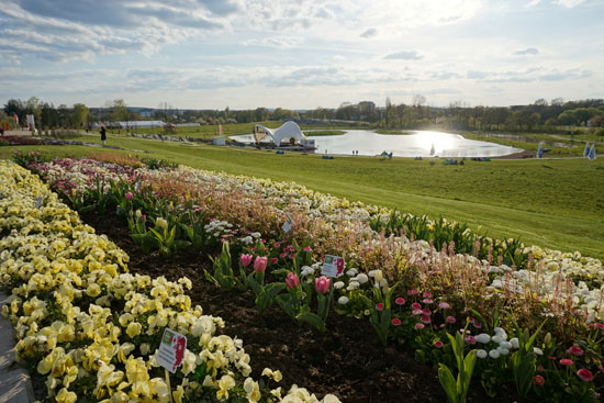 Das Gartenschaugelände mit dem neu angelegten Hammerstätter See im Abendlicht.