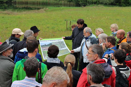 Exkursionsreferen Dr. Jochen Späth erläutert eine Grafik zur erfolgrichen Mahdgutübertragung. Der Plan wird von ihm und zwei Teilnehmern der Exkursione gehalten. Die Exkursionsteilnehmer betrachten die Grafik. Im Hintergrund ein blühnder Halbtrockenrasen.