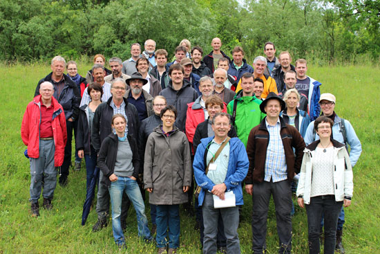 Gruppenbild der etwa 40 Exkursionsteilnehmer auf dem Deich bei Mamming.