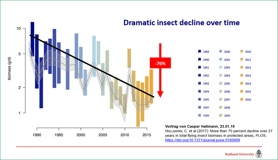 Die Grafik zeigt den kontinuierlichen Rückgang der Insekten-Biomasse fliegender Insekten um 76 % zwischen 1989 und 2016.